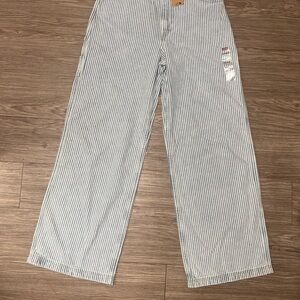Levi’s Blue and White cinched waist 90s style Striped Baggy Jeans